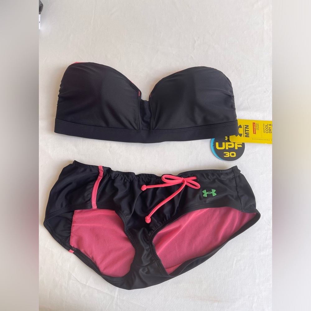 NWT 2 Piece Under Armour Bathing Suit Bikini Swim Set UPF 30 UA Fitted - M Black